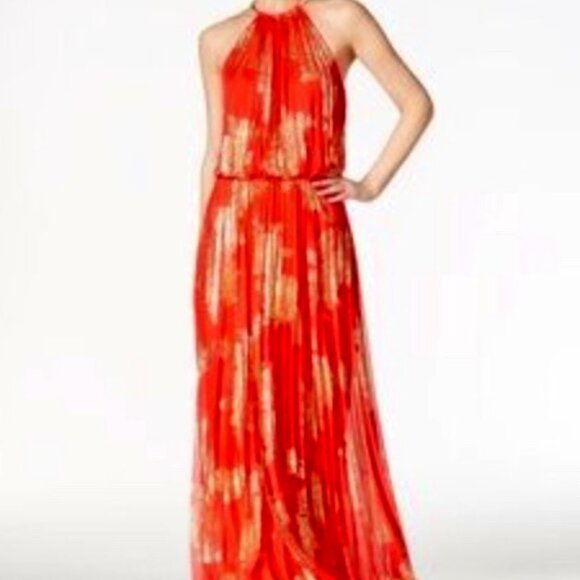 Metallic-Print Pleated Blouson Gown Mandarin/Gold SZ: 10 - Picture 1 of 16